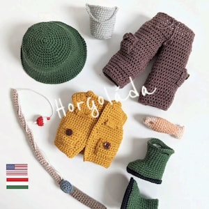 Peut inclure: Ensemble de vêtements en crochet amigurumi pour un pêcheur. L'ensemble comprend un chapeau vert, un pantalon marron, un gilet jaune, des bottes vertes, une canne à pêche et un petit poisson orange.