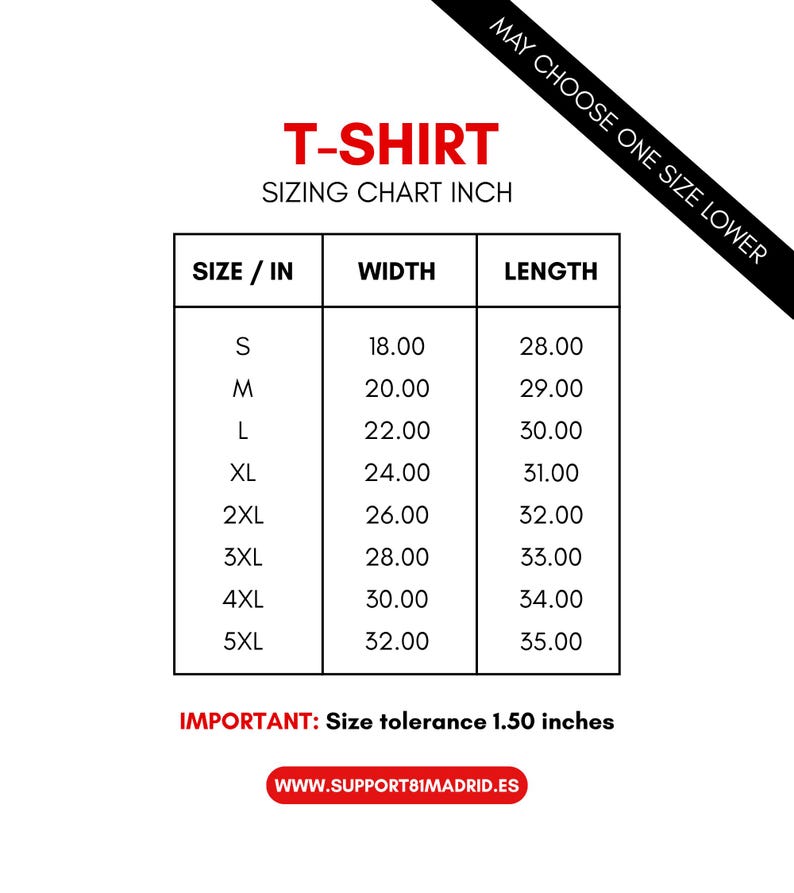 Sizing chart inch.