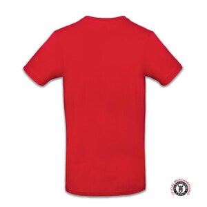 May include: A red short-sleeved t-shirt with a crew neck. The shirt is blank and has no graphics or text.