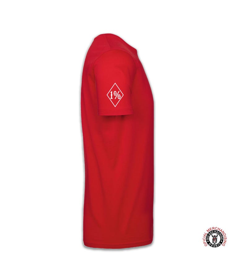 May include: Red short-sleeved t-shirt with a white diamond patch on the left sleeve that says "1%".