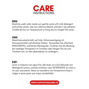 Care instructions for clothing in English, German, and Spanish.