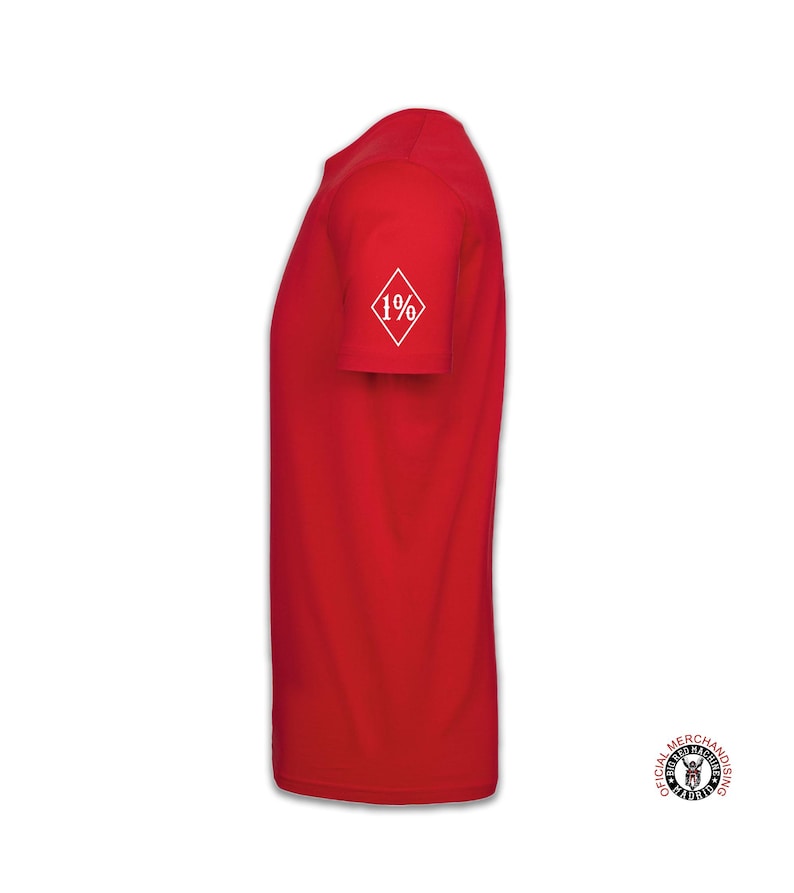 May include: Red short-sleeved t-shirt with a white diamond patch on the sleeve that says "1%".