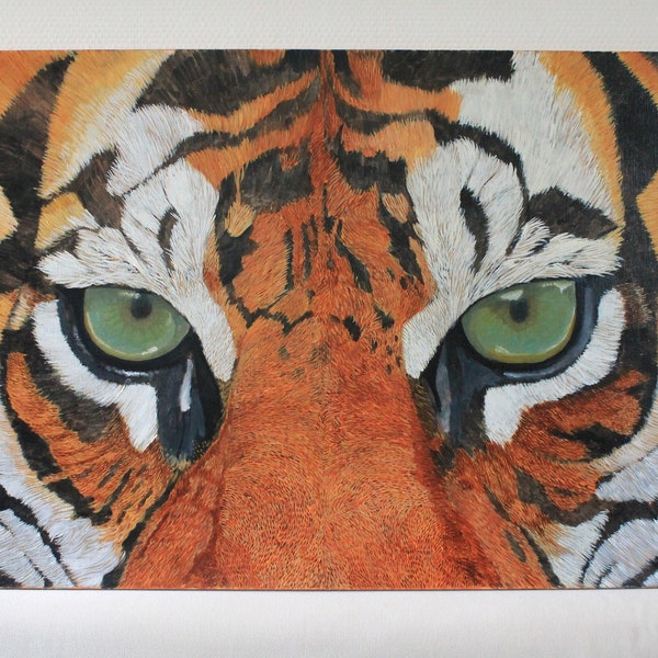 Peinture huile originale VISION DE JADE 73x54 cm fait main//tableau//décoration//animal//tigre//regard//blanc//orange//marron//noir//vert