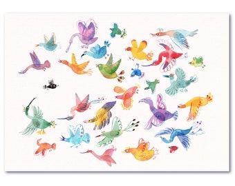 A4 or A5 illustration of multicolored watercolor birds