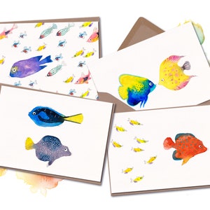 Lot de 4 cartes postales de poissons tropicaux à l'aquarelle pour Pâques