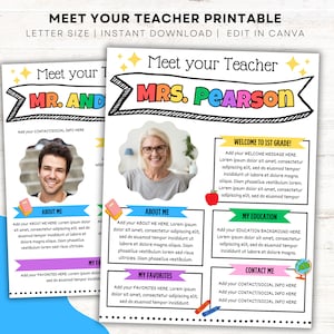 Plantilla colorida y editable para conocer al maestro, regreso a la escuela, carta del maestro, jornada de puertas abiertas, Canva del maestro