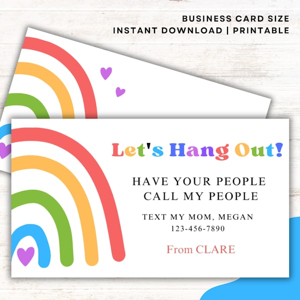 Editable Playdate Calling Card for Kid Printable, Play Date Invite Template, End of Year,  Keep in Touch, Last Day of School, Lovely Rainbow