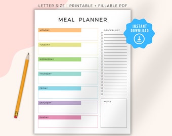 Printable Weekly Meal Planner with Grocery List Template, Weekly Menu Planner, Diet Planner, Meal Prep Planner, Family Food Planner PDF