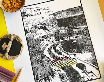 Linograbado de Mahón, Menorca: arte callejero mediterráneo colorido