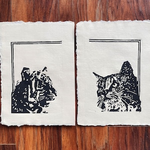 Linocut print Cats, Cat art print, Small art print set, Hand block print, Tiger artwork, Cat lover gift, Lino print.