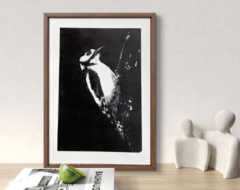 May include: Monochrome print of a woodpecker on a tree, in a brown frame. The artwork is on a wooden surface, with books and a green object in front. White sculptures are to the right. The word 'Bauhaus' is visible on the book.