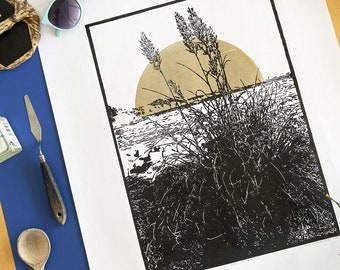 Golden Seashore Linocut Print, Mediterranean Landscape Art, Mallorca Decor
