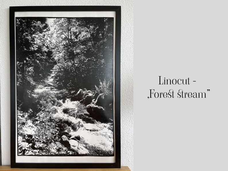 Linocut Forest Stream Print | Large Black and White Landscape Art - Etsy