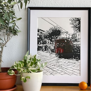 Grabado en linóleo "Tranvía desde Sóller", Impresión en relieve, Arte ferroviario, Grabado en linóleo, Impresión arquitectónica, Regalo hecho a mano, Póster de Mallorca, Arte mural de España