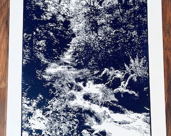 Large Linocut Forest Stream Print | Blue Landscape Art (22.44 x 31.98 inch)