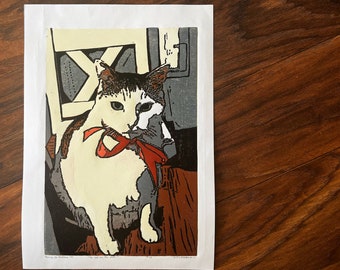 Impresión en linóleo de gato colorido / Arte animal hecho a mano (A4)