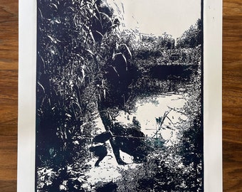 Hand Printed Linocut Art | Ducks in Pond Landscape