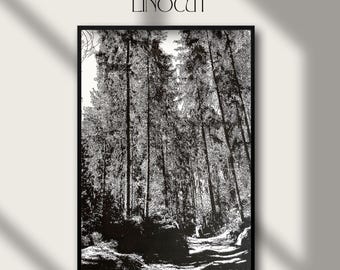 Large Black and White Forest Road Linocut Print | Czech Landscape Art