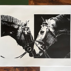 Linocut with Horses. Original print for horse lovers, Limited, large hand printed artwork with symbol Yin and Yang, Gift for animals lovers