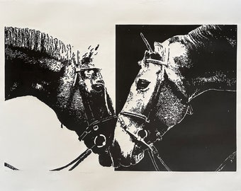 月光馬リノカット版画、オリジナル縮小レリーフアート、11 x 15インチ
