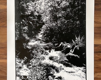 Linocut Forest Stream Print | Large Black and White Landscape Art