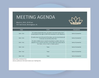Formulario de agenda de reuniones, plantilla editable de programa de reuniones de Google Docs, documento de planificación de reuniones