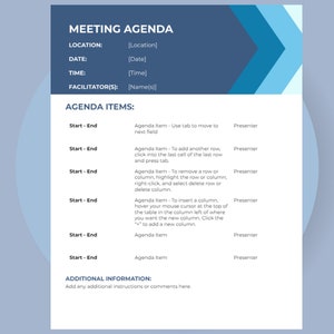 May include: A blue and white meeting agenda template with the title "Meeting Agenda" and headings for Location, Date, Time, Facilitator(s), and Agenda Items. The agenda items are listed in a table with columns for Start-End, Agenda Item, and Presenter.