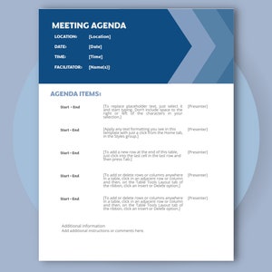 May include: A blue and gray meeting agenda template with the title "Meeting Agenda" and sections for location, date, time, and facilitator. The agenda items section includes instructions for replacing placeholder text, applying text formatting, adding rows, and adding or deleting rows or columns in a table.
