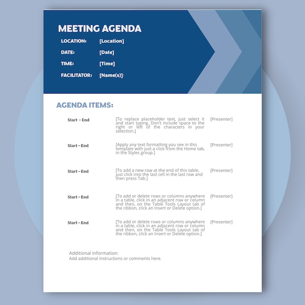 Meeting Agenda Template, Editable Microsoft Word Document, Meeting Schedule Template, Edit and Print in Microsoft Word