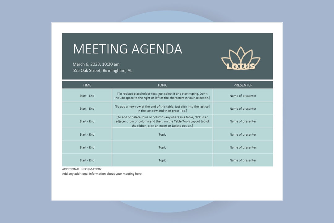 Meeting Agenda Template, Word Meeting Schedule Form, Meeting Planner