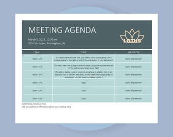 Plantilla de agenda de reuniones, formulario de programación de reuniones de Word, documento de planificación de reuniones, agenda de reuniones editable