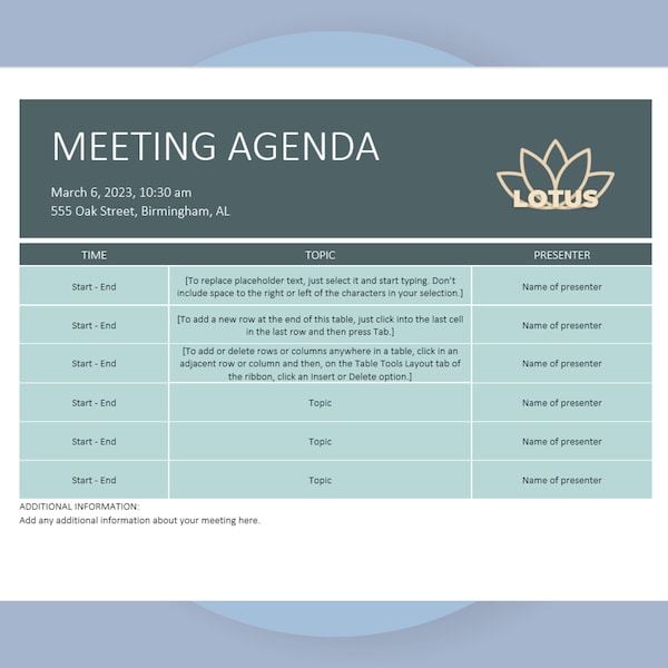 Meeting-Agenda-Vorlage, Word-Besprechungs-Zeitplan, Meeting-Planer-Dokument, bearbeitbare Meeting-Agenda