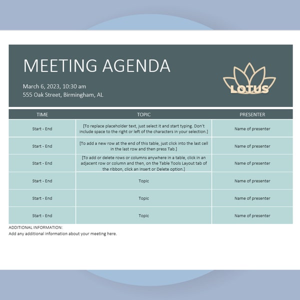 Meeting-Agenda-Vorlage, Word-Besprechungs-Zeitplan, Meeting-Planer-Dokument, bearbeitbare Meeting-Agenda