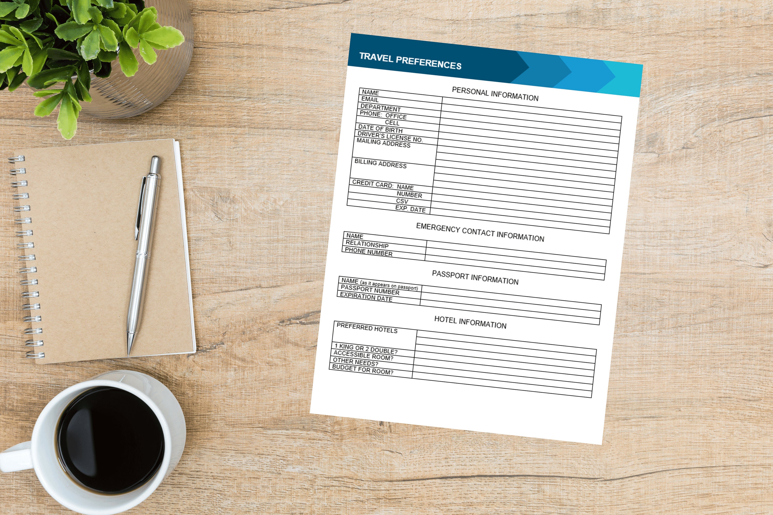 Travel Preferences Microsoft Office Form, Personalized Travel Forms, Client Travel Profile Form