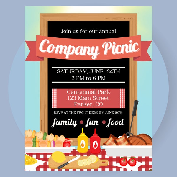 Summer Picnic Flyer, Editable Summer BBQ Flyer, Company Picnic Poster, Canva Summer Party Invitation