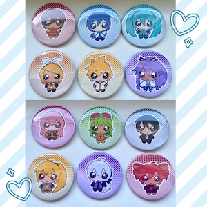 May include: Twelve colourful round buttons featuring anime characters with different hairstyles and outfits. The buttons are arranged in three rows of four.