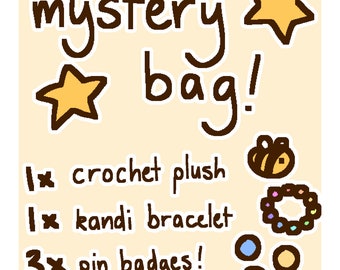 New Mystery Bag! - Crochet plush - Kandi bracelet - Pin badges - Blind bag
