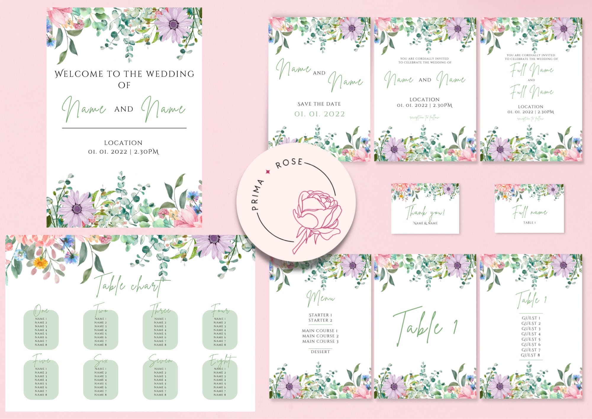 Floral Wedding/ Civil Partnership Template Package Invitations, Save the  Date, Welcome Sign, Table Chart, Menu, Placeholders - Etsy