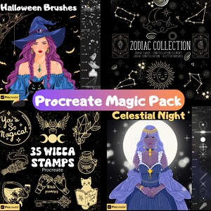 Paquete de magia celestial Wicca de Procreate, 126 sellos y pinceles de Halloween de Procreate, pinceles con purpurina, luces nocturnas del zodiaco de Procreate, bruja de Procreate
