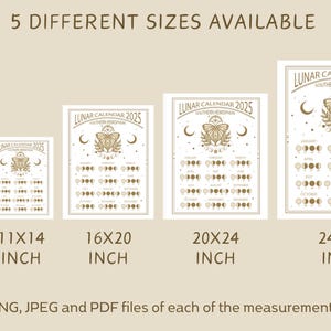 May include: Five different sizes of a printable 2025 lunar calendar for the Southern Hemisphere. The calendar features a butterfly design and shows the phases of the moon for each month. The sizes are 8x10 inches, 11x14 inches, 16x20 inches, 20x24 inches, and 24x30 inches.