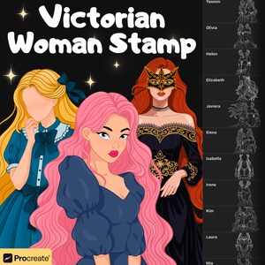 Può includere: Tre illustrazioni digitali di donne in abiti vittoriani. La donna a sinistra indossa un vestito blu con un colletto bianco e un fiocco. La donna al centro indossa un vestito blu con i capelli rosa. La donna a destra indossa un vestito nero con una maschera dorata e i capelli rossi.