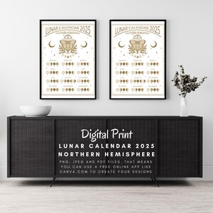 May include: Two printable lunar calendars for 2025, one for the Southern Hemisphere and one for the Northern Hemisphere. Each calendar features a gold butterfly design and a series of moon phases for each month.