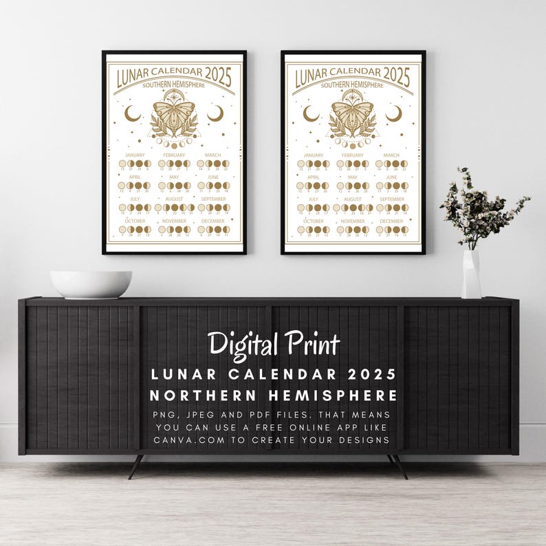 May include: Two printable lunar calendars for 2025, one for the Southern Hemisphere and one for the Northern Hemisphere. Each calendar features a gold butterfly design and a series of moon phases for each month.