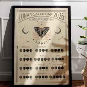 2026 Moon Phase Calendar Printable: Northern Hemisphere Lunar Art (Digital Download) image 1