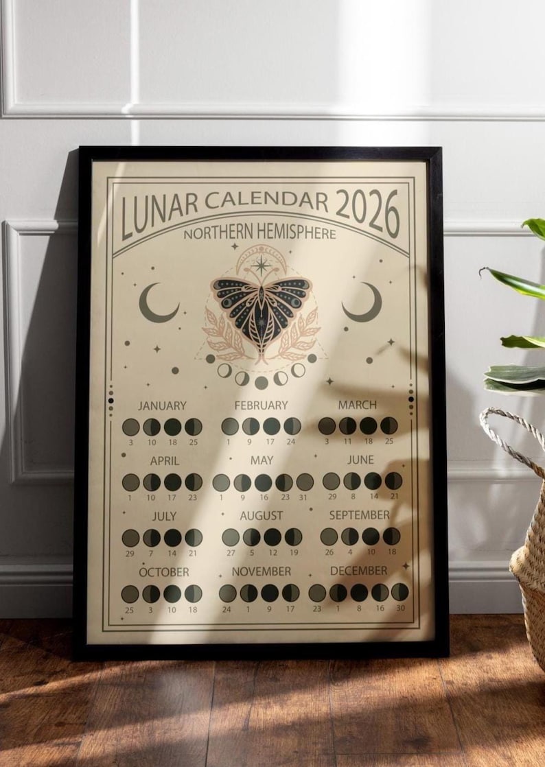 2026 Moon Phase Calendar Printable: Northern Hemisphere Lunar Art (Digital Download) image 1
