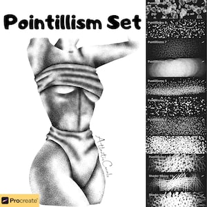 Könnte beinhalten: Eine schwarz-weiße digitale Illustration einer weiblichen Figur, die im Pointillismus-Stil gezeichnet ist. Das Bild enthält einen Satz von 10 Procreate-Pinseln zum Erstellen von Pointillismus-Kunst, mit Namen wie "Puntillismo 8" und "Shader Messy 15".