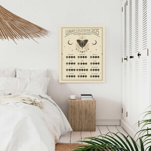May include: A beige printable wall calendar with the text "Lunar Calendar 2025" and "Northern Hemisphere". The calendar features a black butterfly illustration and a series of black circles representing the phases of the moon for each month of the year.