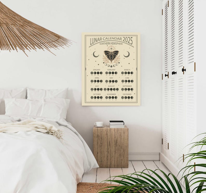 May include: A beige printable wall calendar with the text "Lunar Calendar 2025" and "Northern Hemisphere". The calendar features a black butterfly illustration and a series of black circles representing the phases of the moon for each month of the year.