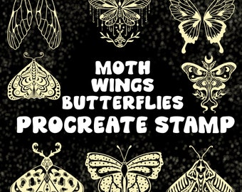 May include: A set of eight digital stamps featuring moth and butterfly wings in a white outline on a black background. The text "MOTH WINGS BUTTERFLIES PROCREATE STAMP" is in white text.
