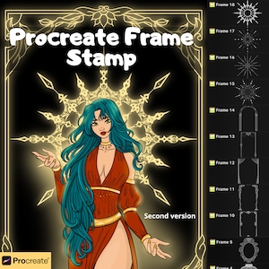 May include: Digital art stamp set for Procreate, featuring a woman with teal hair and a red dress, surrounded by a golden frame. The text "Procreate Frame Stamp" is displayed. Additional frame designs are shown on the right.